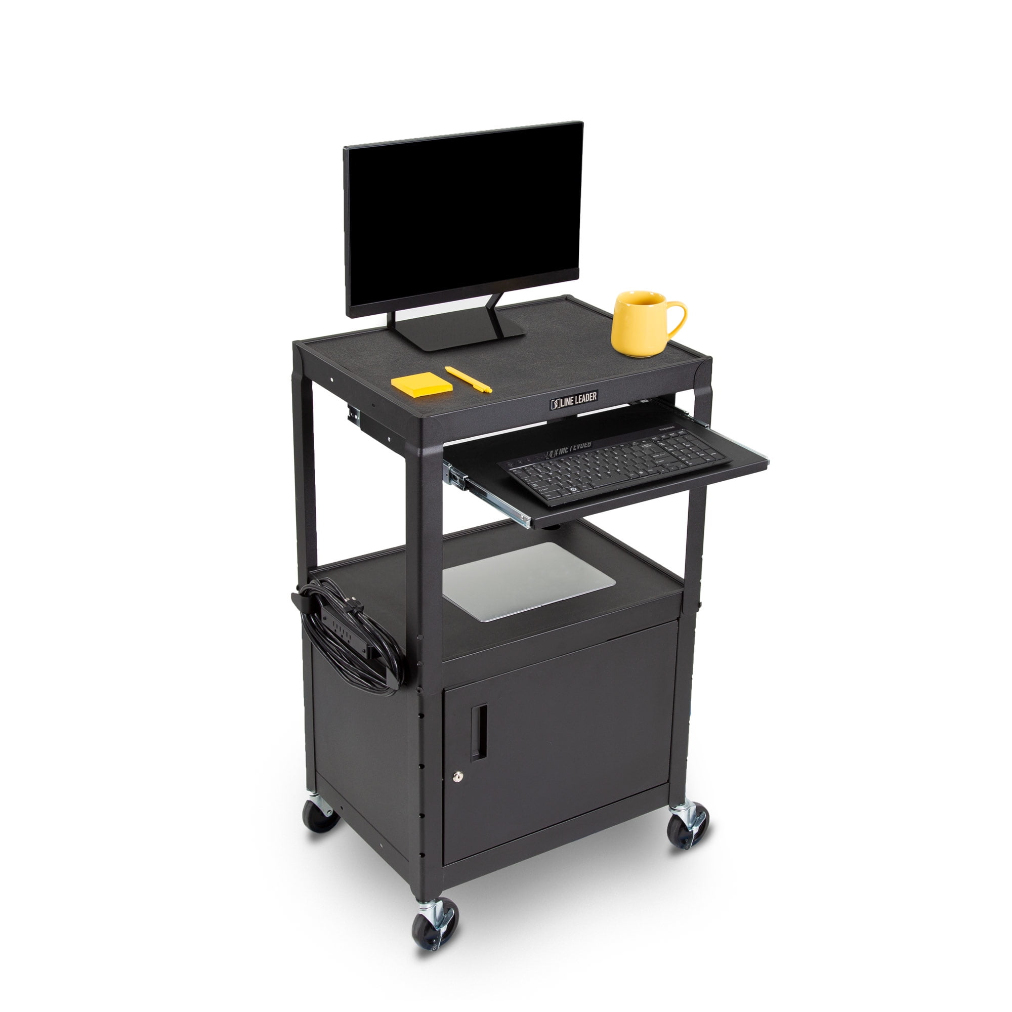 Black Adjustable Height AV Cart with Locking Cabinet and Keyboard Tray