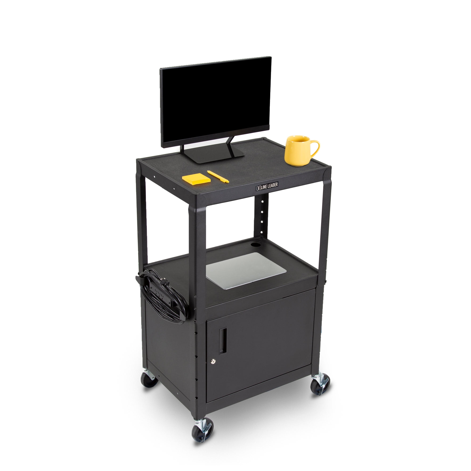 Black Adjustable Metal Utility Cart with Locking Cabinet and Swivel Wheels