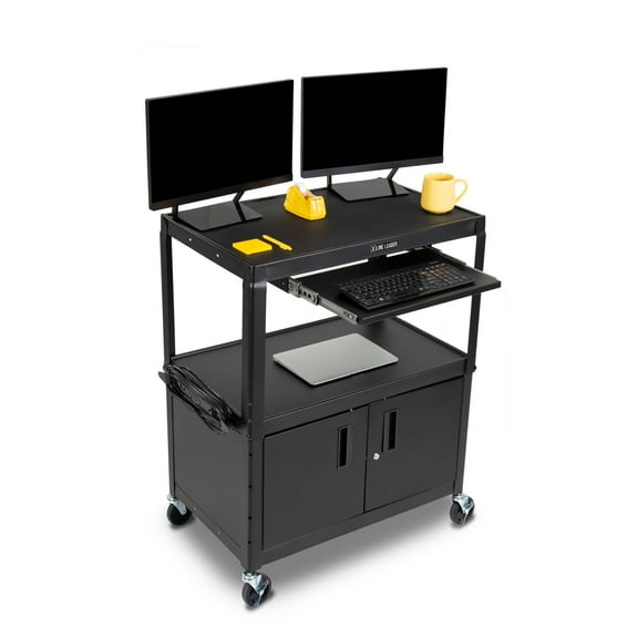 Line Leader Extra Wide AV Cart with Locking Cabinet | Height Adjustable Utility Cart | Includes Pullout Keyboard Tray and Cord Management | Easy to Assemble! (42 x 32 x 20 / Black)