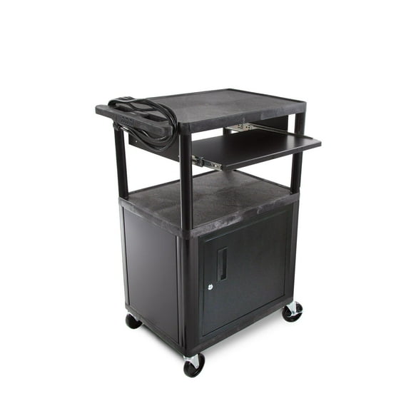 Line Leader Plastic AV Cart with Keyboard Tray and Locking Cabinet | Mobile Workstation with 4 Rolling Casters and 2 Locking Brakes | Heavy Duty, Holds up to 400 lbs (34" with Cabinet)