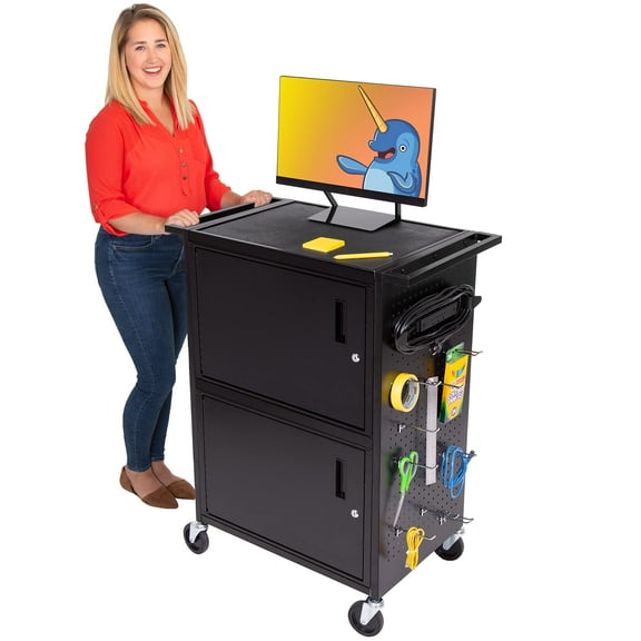 Line Leader?Stellar?AV Cart |?Computer Cart with Pegboard Siding?&?12 Hooks for?Customizable?Storage | 2 Locking Cabinets | UL Safety Certified Power Outlets?| Mobile Workstation with?Locking Wheels