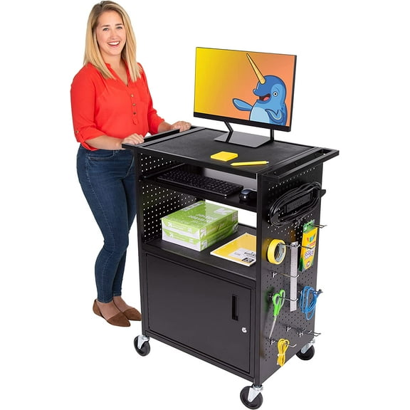 LineLeaderStellarAV Cart |Computer Cart with Pegboard Siding&12 Hooks forCustomizableStorage | Locking Cabinet& Pullout Keyboard Tray |UL Safety Certified Power Outlets| Locking Wheels