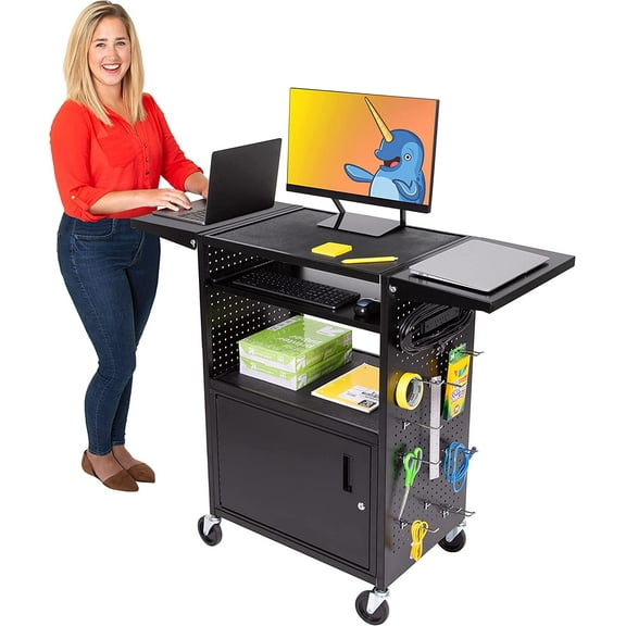 Line LeaderStellarAV Cart |Computer Cart with Pegboard Siding&12 Hooks forCustomizableStorage | Locking Cabinet & Pullout Keyboard Tray | UL Safety Certified Power Outlets| Locking Wheels