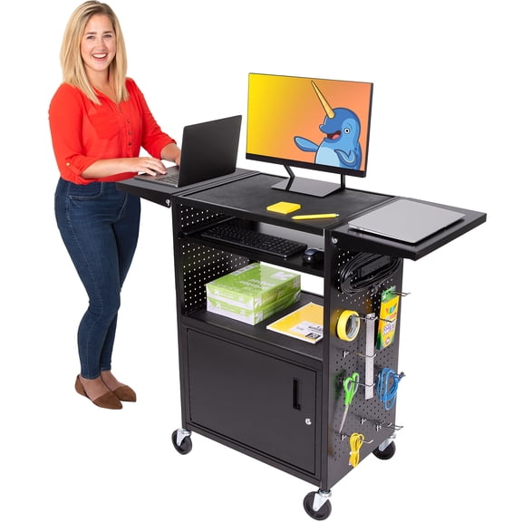 Line Leader Stellar AV Cart - Computer Cart with Customizable Pegboard & Hooks, Locking Cabinet and Tray, UL Certified Power, Mobile Workstation with Locking Wheels, Ideal for Laptop & Charger Storage (Cart + Cabinet + Keyboard Tray + Drop Leaves)