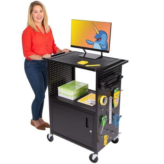 Line Leader?Stellar?AV Cart |?Computer Cart with Pegboard Siding?&?12 Hooks for?Customizable?Storage | Locking Cabinet | UL Safety Certified Power Outlets?| Mobile Workstation with?Locking Wheels