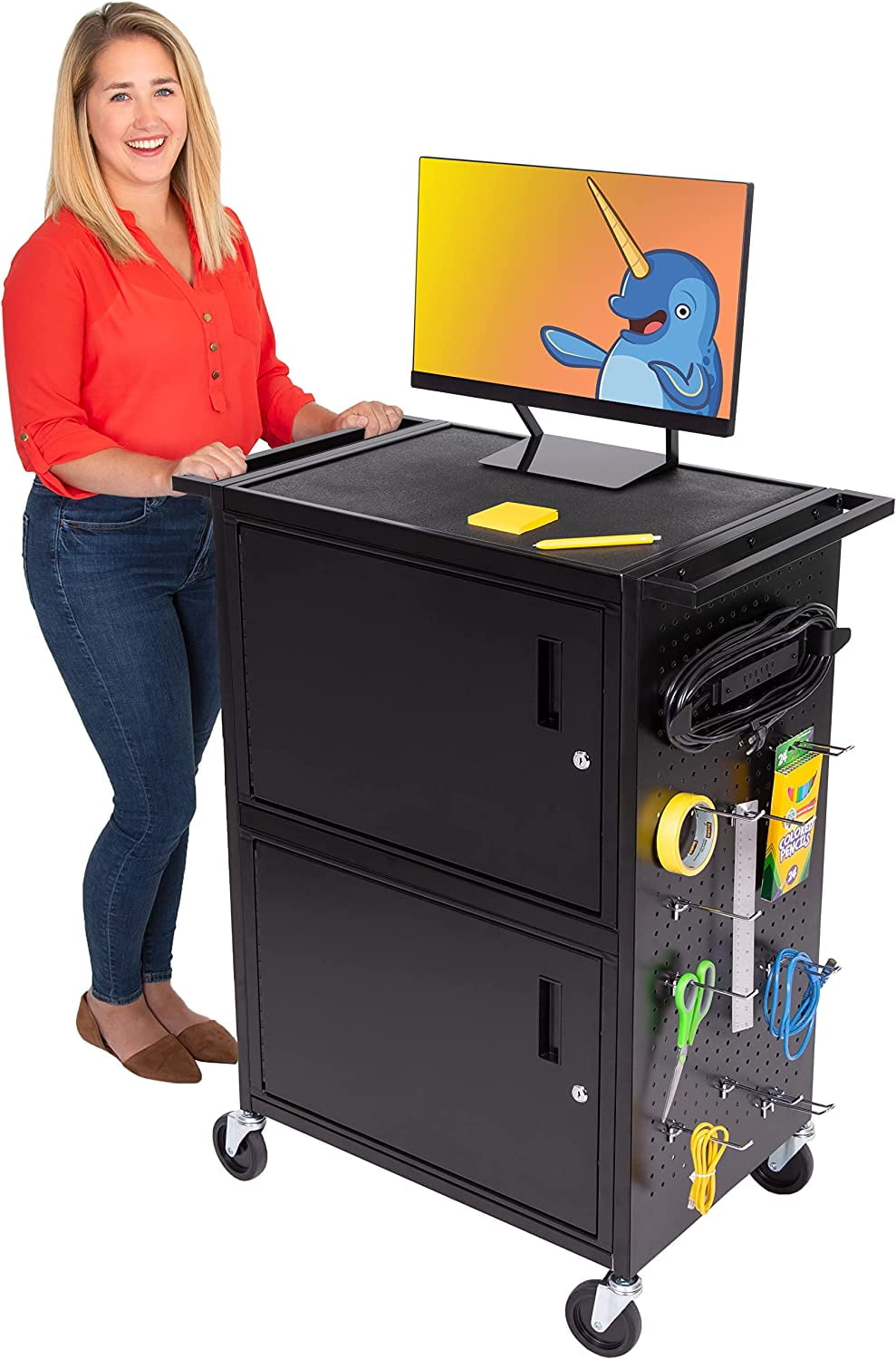 Line Leader Stellar AV Cart | Reimagine Your Teacher Cart with Revolutionary Pegboard Siding & 12 Movable Peg Hooks for Customizable Storage | UL