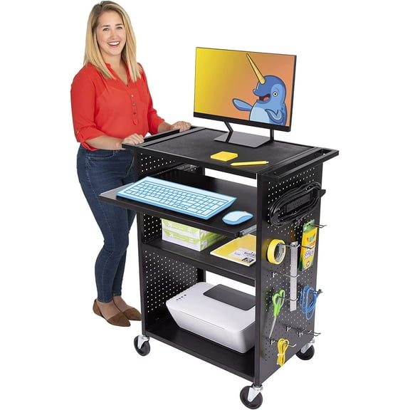 Line LeaderStellarAV Cart | Reimagine Your Teacher Cart with Revolutionary Pegboard Siding&12 Movable Hooks forCustomizableStorage | UL Safety Certified Cart | Keyboard Tray