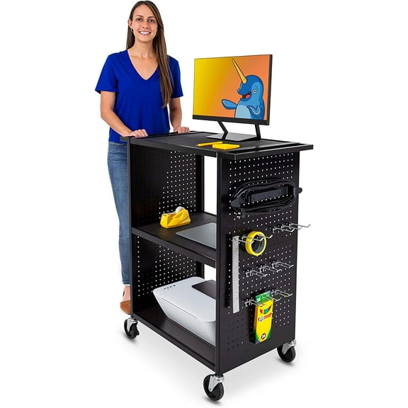 Line LeaderStellarAV Cart | Reimagine Your Teacher Cart with Revolutionary Pegboard Siding&12 Movable Peg Hooks forCustomizableStorage | UL Safety Certified Mobile Workstation & Computer Cart