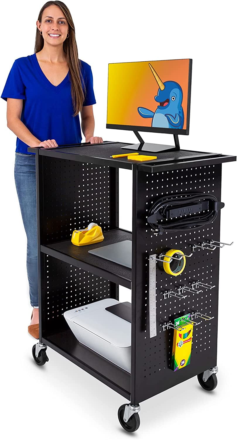 Black Steel AV Cart with Pegboard Siding and Hooks