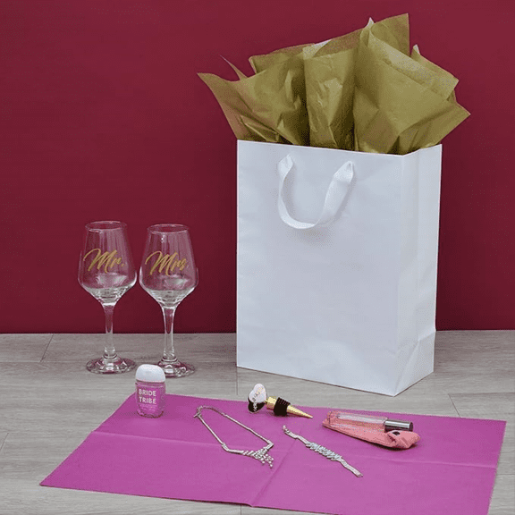 Line Packaging White Gift Bags, Kraft Shopping Bags with Handles for Holidays, Weddings, Birthdays, Baby Showers, Christening, Bulk, 10x5x13, 50 Pack