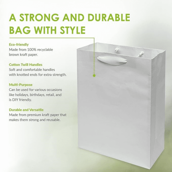 Line Packaging White Gift Bags, Kraft Shopping Bags with Handles for Holidays, Weddings, Birthdays, Baby Showers, Christening, Bulk, 10x5x13, 50 Pack