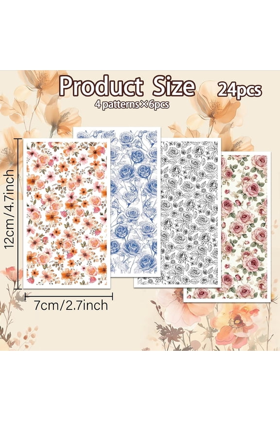 Line Rose Clay Transfer Paper 4 Design 24Pcs Transfer Paper for Polymer Pink Rose Polymer Clay Transfer Sheets Blue Floral Small Transfer Paper for Clay Earrings Jewelry Making