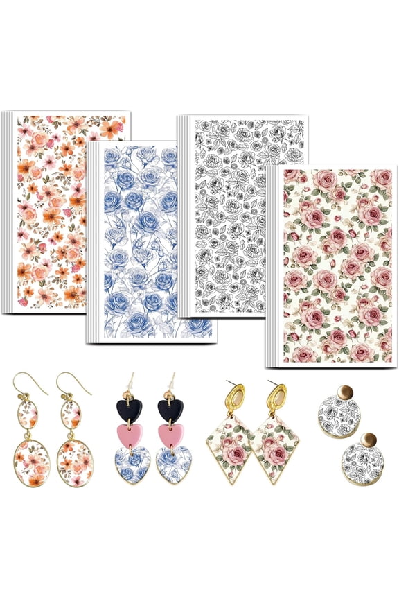Line Rose Clay Transfer Paper 4 Design 24Pcs Transfer Paper for Polymer Pink Rose Polymer Clay Transfer Sheets Blue Floral Small Transfer Paper for Clay Earrings Jewelry Making Colorful DIY