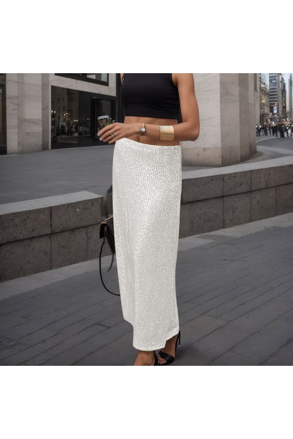 A Line Sequin Maxi Skirt Women High Waist Straight Shiny Split Maxi Skirt Female Streetwear Skirt Bathing Suit Skirt Bottoms for Women Fall Skirts Checke Skirt Tight Slit Skirt High Waist Maternity