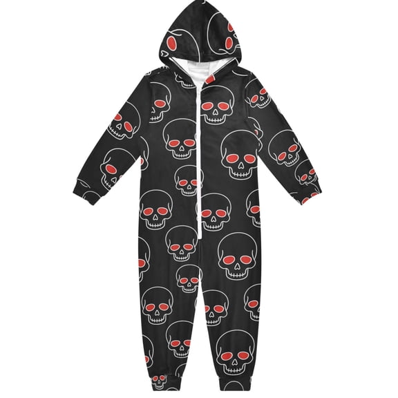 Line Skull Boys & Girls Hooded One-Piece Pajamas Warm Crystal velvet Hooded Long Sleeve Loungewear Jumpsuit Unisex