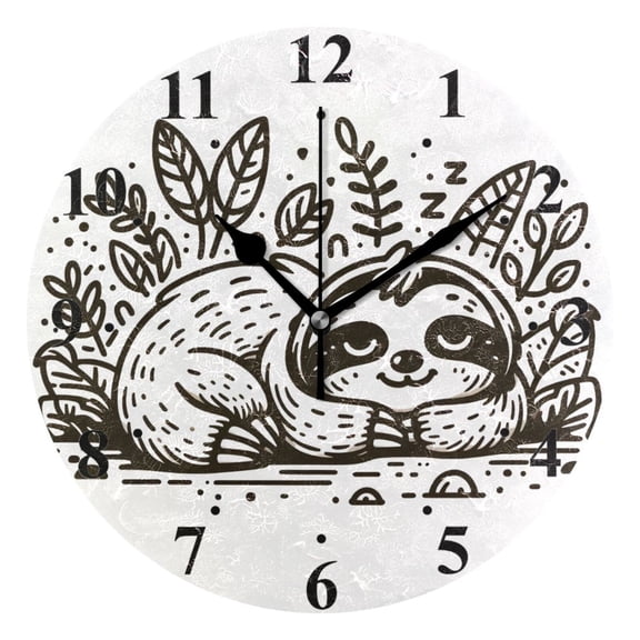 Line Sloth Sleeps Black 10 inch Wall Clocks Non Ticking Easy to Read Battery Decorative for Home Bathroom Kitchen Bedroom Living Room