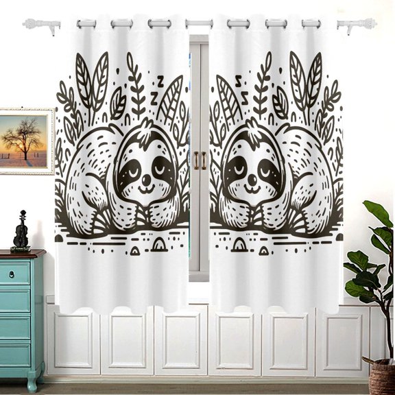 Line Sloth Sleeps Curtains Black Out Curtains for Sliding Glass Doors Bedroom Living Room Bathroom 2 Panels Set