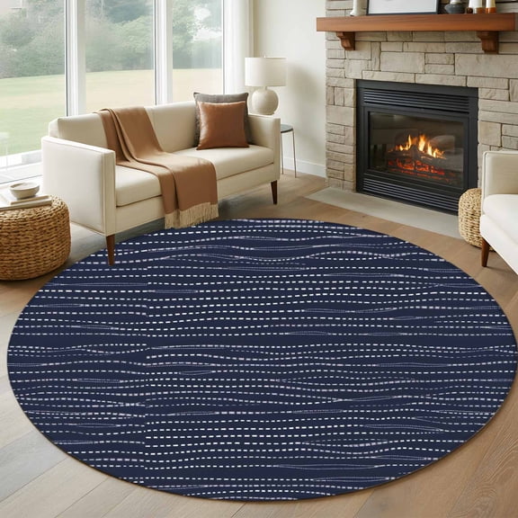Line Texture 7' Round Rug for Living Room Conversation Area, Watercolor Dark Navy Blue Wave Abstract Art Washable Non Slip Large Circle Area Rug