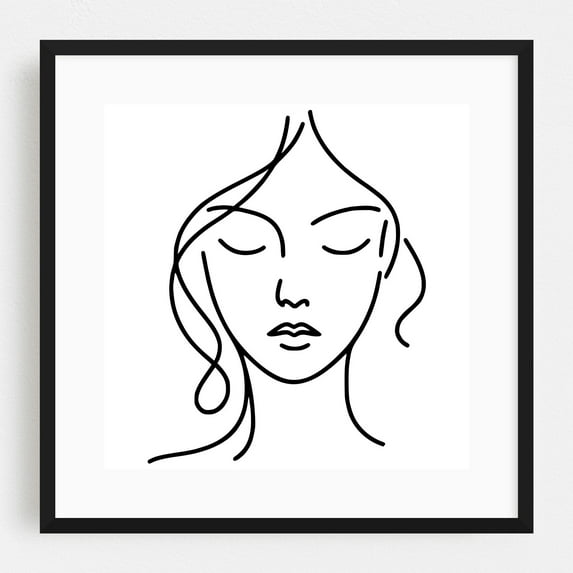 Line art beautiful woman portrait - Line Drawing Black Framed Wall Art Print 20 x 20 inches
