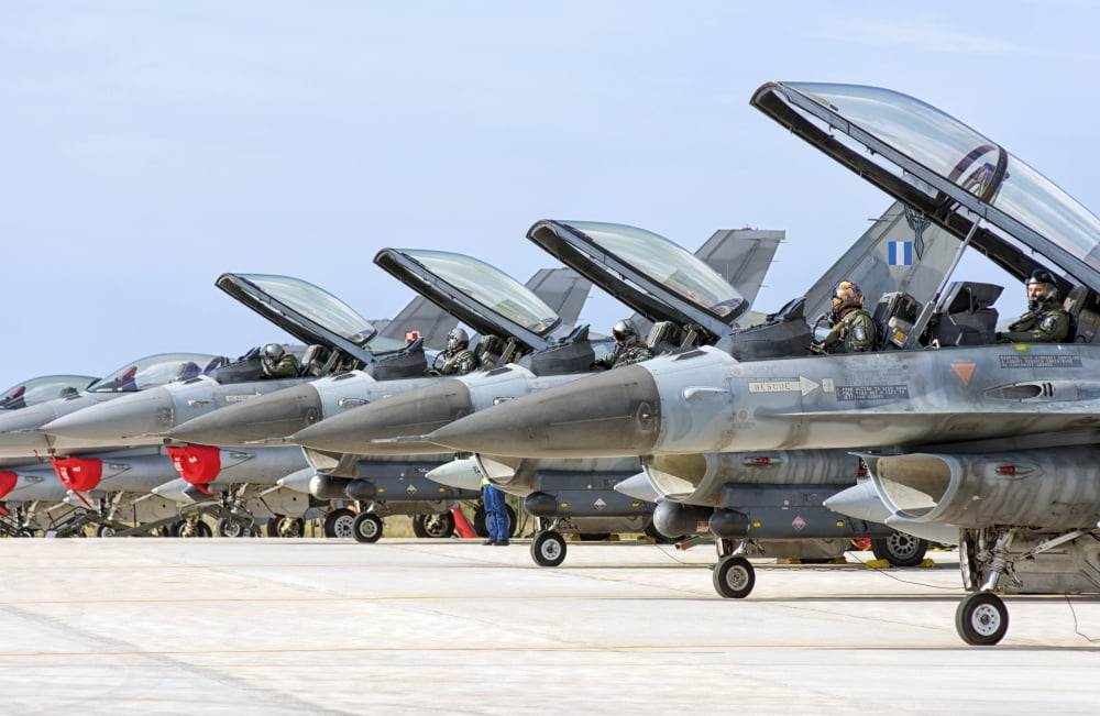 Line-up of Hellenic Air Force F-16 aircraft Canvas Art - Giovanni CollaStocktrek Images (17 x 12)