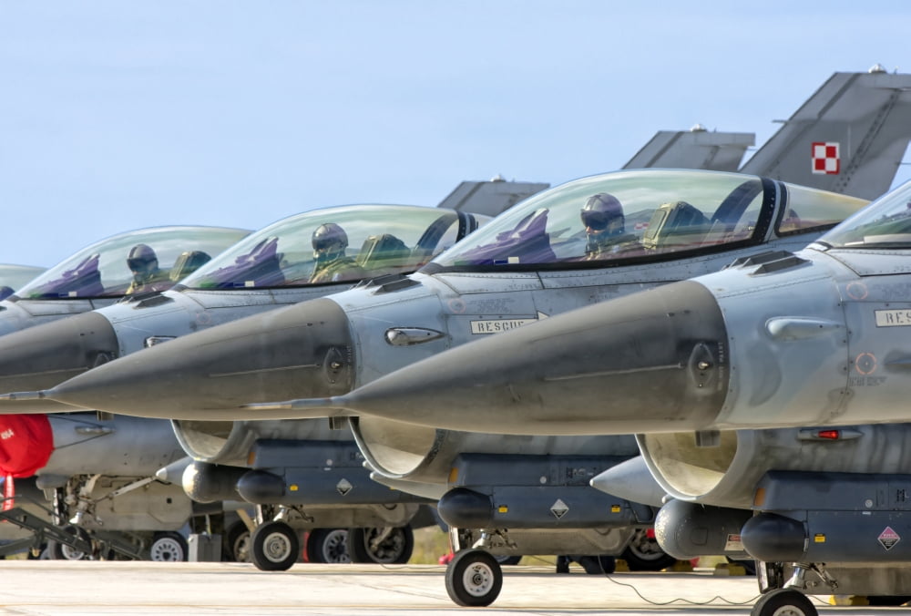 Line-up of Hellenic Air Force F-16 aircraft Canvas Art - Giovanni CollaStocktrek Images (34 x 23)