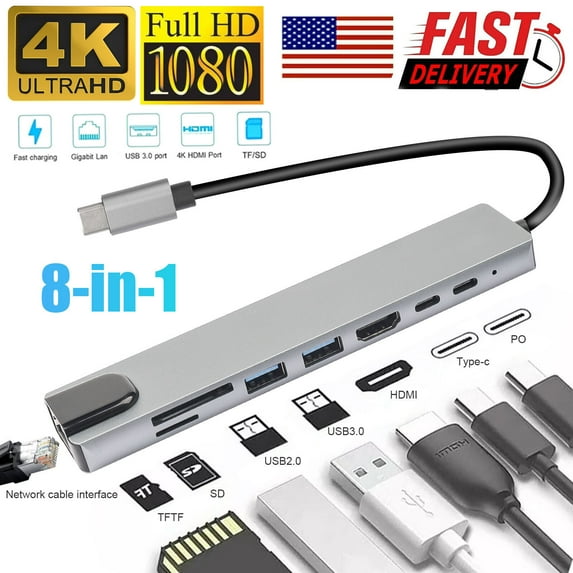 LineYDI 8 in 1 USB-C Hub Type C To USB 3.0 4K HDMI PD Adapter For iPhone Macbook Pro/Air