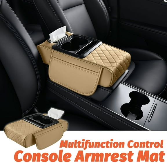 LineYDI Car Armrest Cushion Center Console Cover with Cup Holder and Tissue Box,Yellow