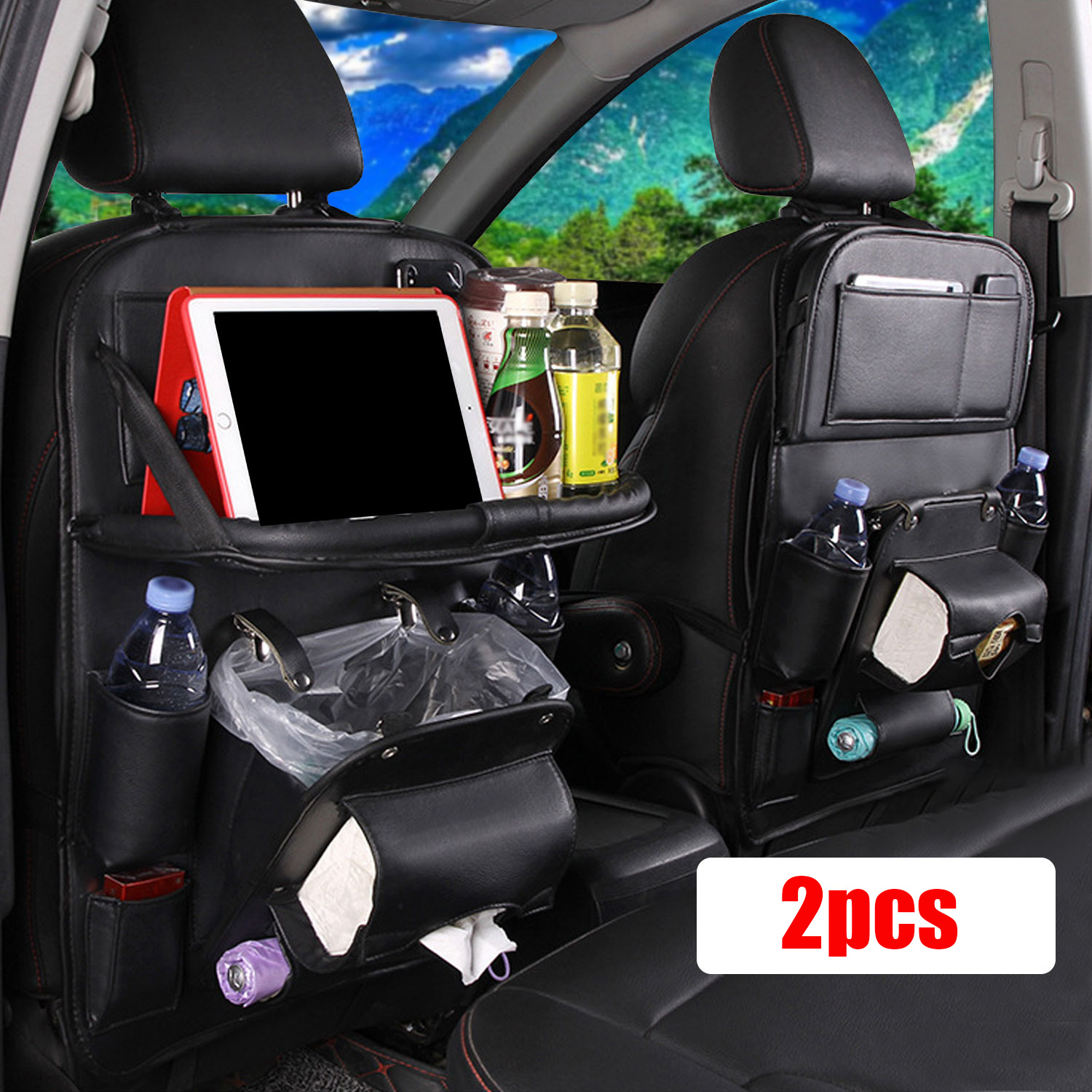 LineYDI Car Backseat Organizer with Foldable Table Tray,Car Seat Back Protector with Touch Screen Phone Holder,Premium PU Leather Material,2 Pcs