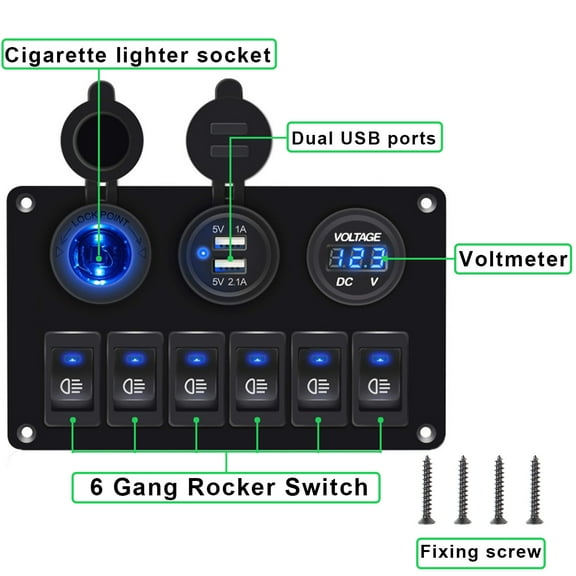 LineYDI Rocker 6 Gang Dual USB 12V/24V LED Switch Panel Circuit Breaker Car Marine Boat
