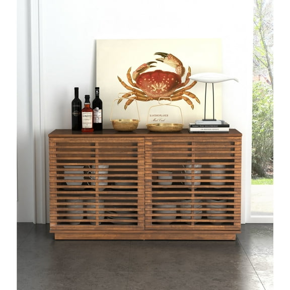 Linea Credenza Walnut Buffet, Mid Century Style, Wood Veneer MDF rectangular shape tabletop, Rubberwood, Indoor Living