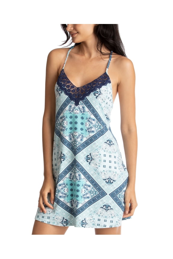 Ashley Geo Lace Trim Chemise Nightgown Turq L