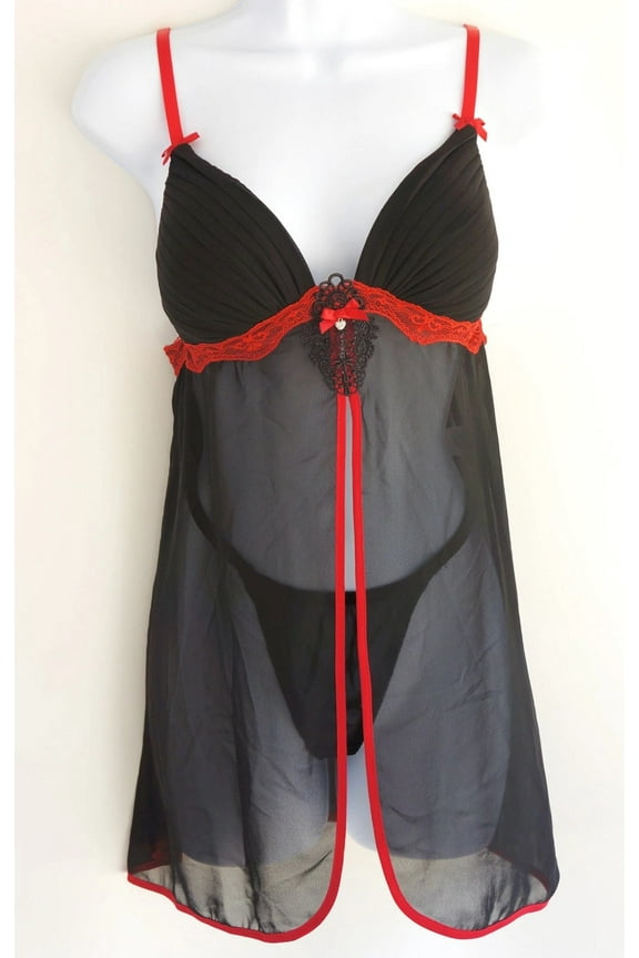 Black Babydoll Chemise Sleepwear Lingerie 2-Piece Women's Medium