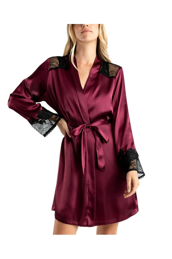 Women's Enchante Satin Lace-Trim Robe - Bordeaux, Size  L/XL