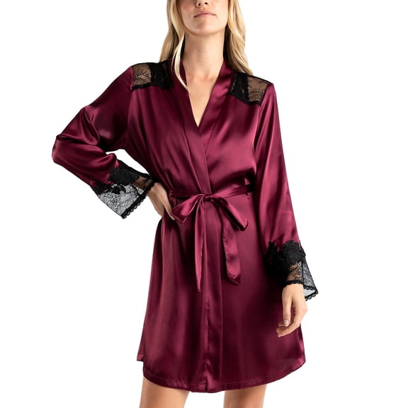 Linea Donatella Women's Enchante Satin Lace-Trim Robe - Bordeaux, Size L/XL