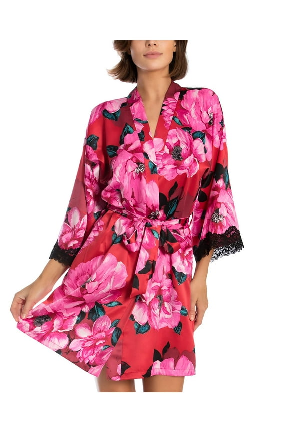 Women's Sonia Floral Satin Wrap Robe, Crimson, Size L / XL