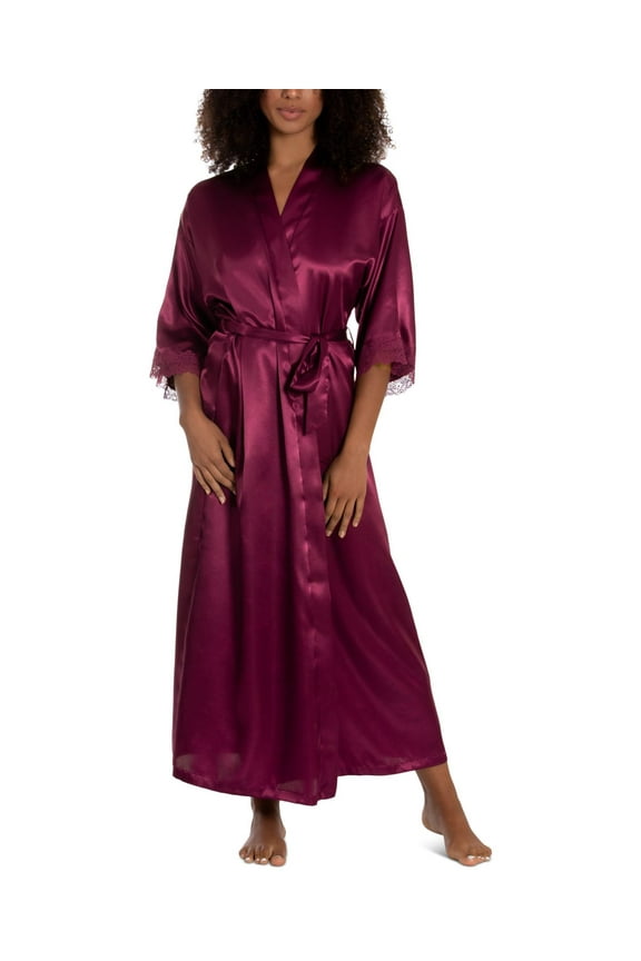 Womens Lace-Trim Long Charmeuse Satin Wrap Robe