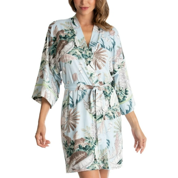 Linea Donatella Palm Garden Knit Wrap Robe Turq S