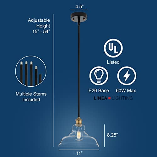 Linea di Liara Lucera Modern Farmhouse Pendant Light Fixture Ceiling Hanging Large Glass Pendant Lighting for Kitchen Island Brass and Black Pendant Light Over Sink Light Fixtures,