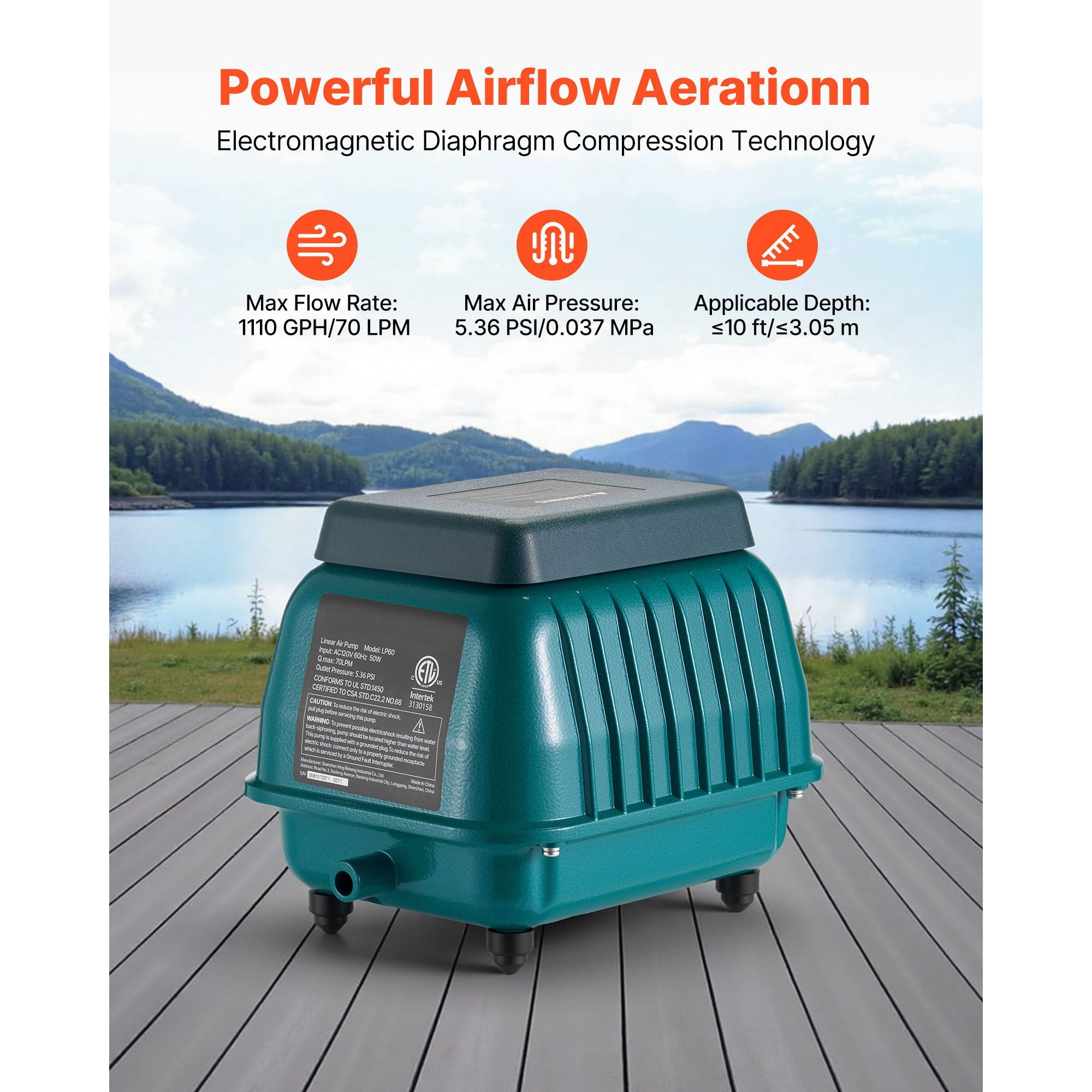 Linear Air Pump 1110 GPH Septic Aerator Aeration System for 10ft Deep ...