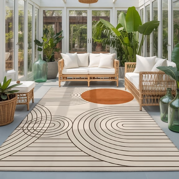 Linear Art Washable Living Room Rugs 9'x12', Minimalist Abstract Terracotta Circle Beige Arch Lines Washable Throw Large Area Rug Non-Slip Sturdy Edge Binding Carpet for Bedroom Dining Room Office