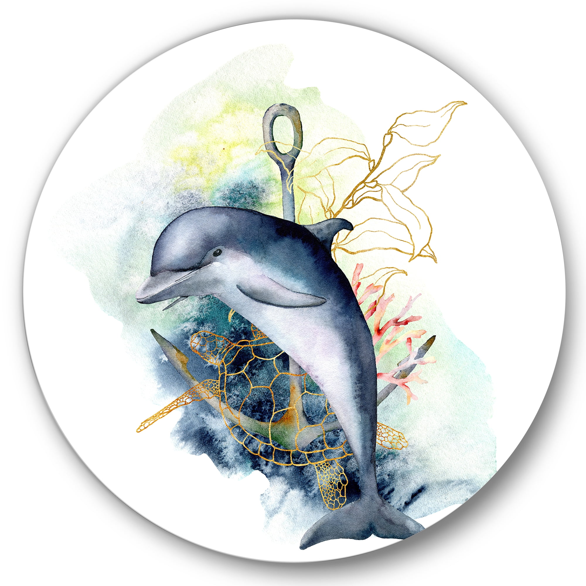 Linear Coral Reef Plants and Dolphin Turtle Anchor 11 in x 11 in Painting Art Prints, by Designart