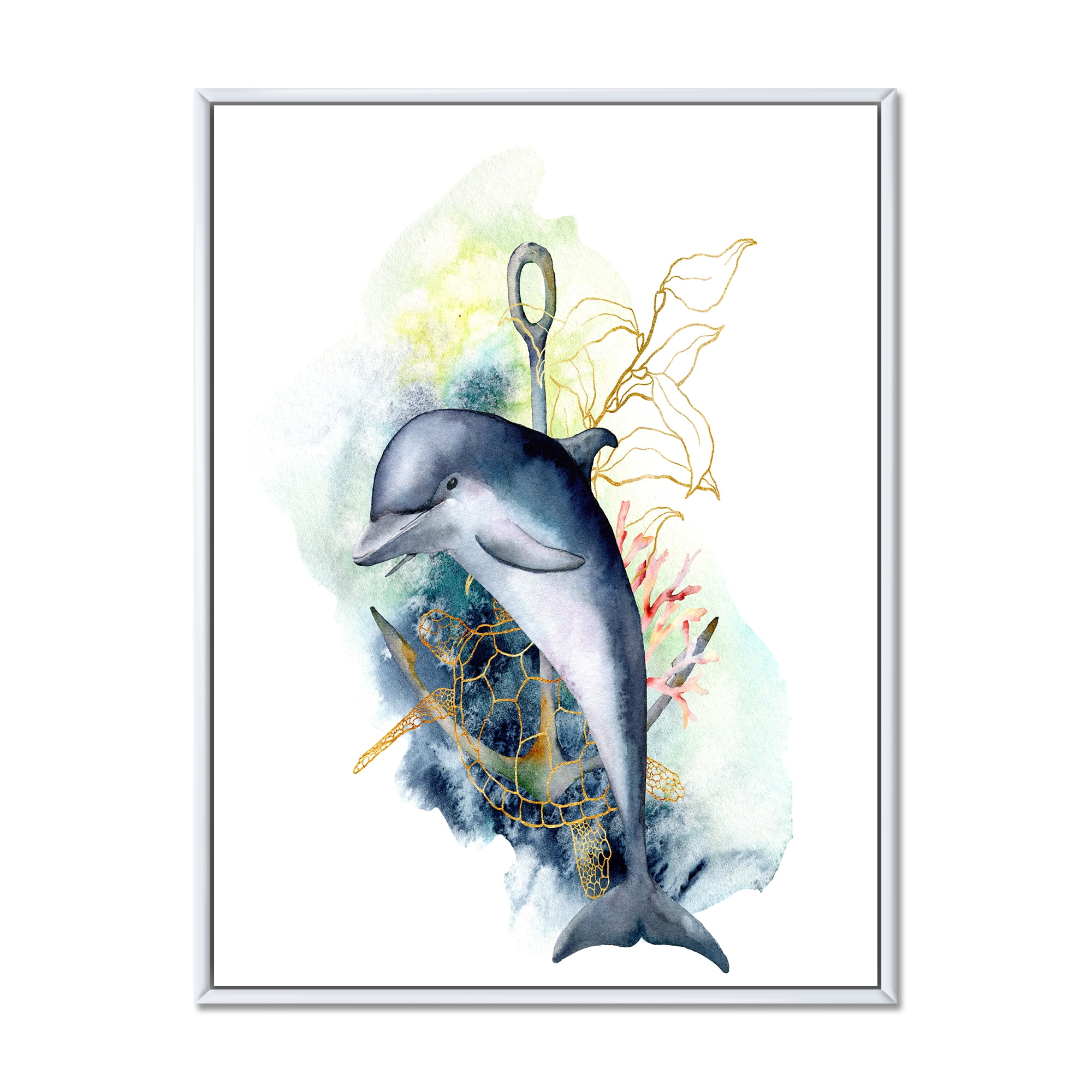 Linear Coral Reef Plants and Dolphin Turtle Anchor 24 in x 32 in Framed Painting Canvas Art Print, by Designart