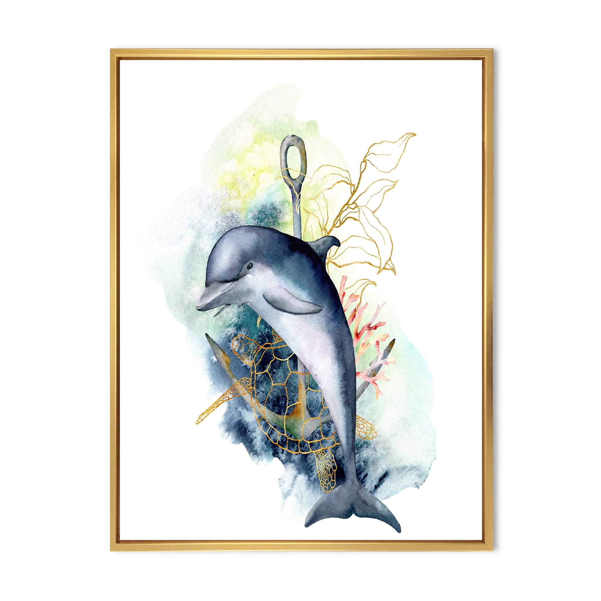 Linear Coral Reef Plants and Dolphin Turtle Anchor 30 in x 40 in Framed Painting Canvas Art Print, by Designart