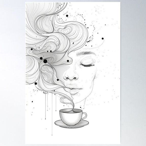 Linear Illustration Caffeine And Dreams Poster Wall Art, Modern Wall Decor For Living Room Bedroom, 24x36 UNFRAMED