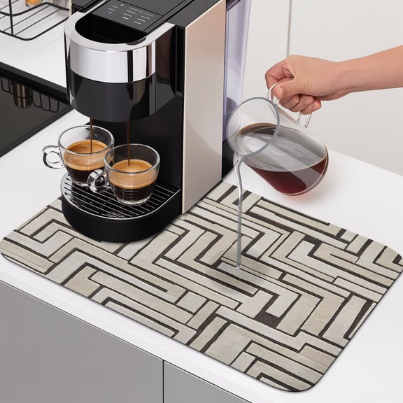 Linear Maze Dish Drying Mats for Kitchen Counter, Modern Abstract Art Architectural Lines Plaid Absorbent Coffee Bar Mat with Non-slip Rubber Backed Quick Drying Dish Rack Pad 12"x16"