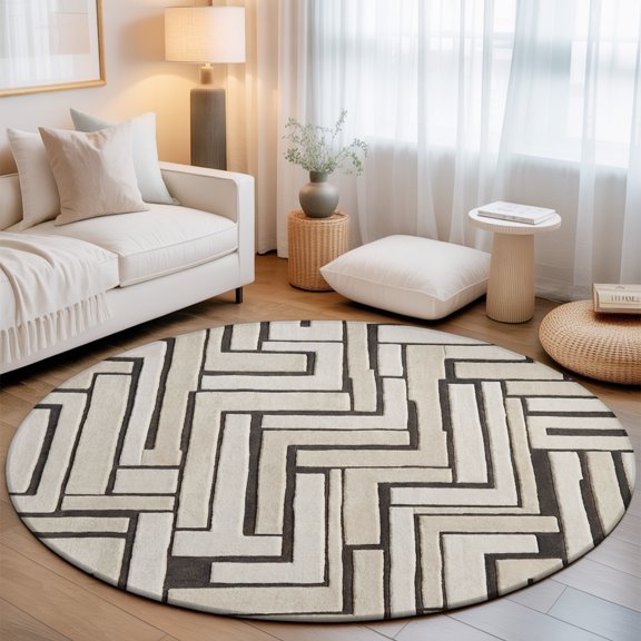 Linear Maze Small Round Rug 3Ft Modern Abstract Art Architectural Lines Plaid Area Rugs Washable Non Slip Indoor Floor Mats Circle Carpet for Living Room Bedroom Dining Room Home Decor