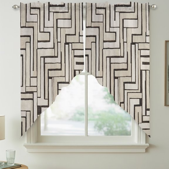 Linear Maze Swag Kitchen Curtain Valances, Modern Abstract Art Architectural Lines Plaid Rod Pocket Curtains Window Treatment Decor Valances for Bedroom Bathroom, 2 Panels 28 x 36 Inch