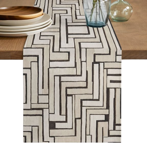 Linear Maze Table Runner, Modern Abstract Art Architectural Lines Plaid Cotton Linen Table Cloth, Tablerunner for Kitchen Dining Party Wedding Home Decor 13x36 Inch