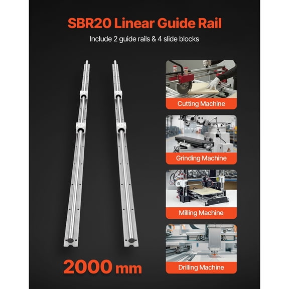 Linear Rail Kit, SBR20, 2Pcs 2000 mm (78.74 inch) Linear Motion Guide Rails and 4Pcs Bearing Slide Blocks, Fully Supported Shaft, for Cutting, Grinding, Milling, Drilling Machines, and More