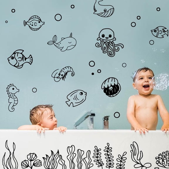 Linear Sea Life Wall Stickers Seagrass Wall Decal Seahorses Wall Sea Turtles Stickers Fish DIY Vinyl Mural for Dining Room Lounge Hallway Bedroom Decor DIY
